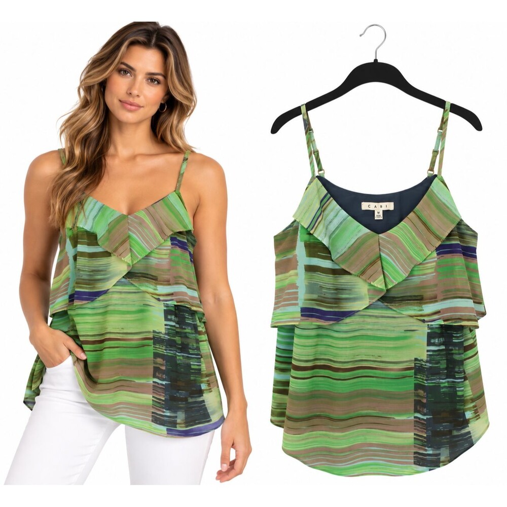 CAbi Flutter Cami #605 Size M Ruffle Tank Top Layered Boho Green Abstract